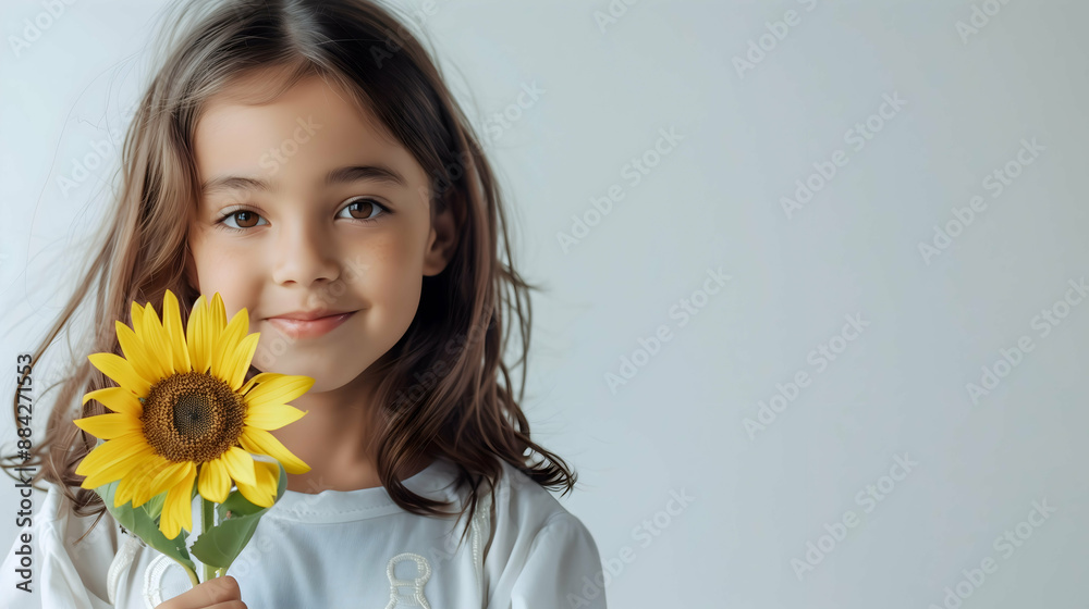 Young Girl Holding a Sunflower with a Gentle Smile - A young girl with long brown hair and a gentle smile holds a bright yellow sunflower Young Girl Holding a Sunflower with a Gentle Smile - A young girl with long brown hair and a gentle smile holds a bright yellow sunflower