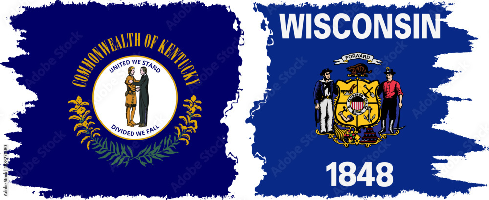 Naklejka premium Wisconsin and Kentucky states grunge brush flags connection, vector