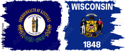 Wisconsin and Kentucky states grunge brush flags connection, vector