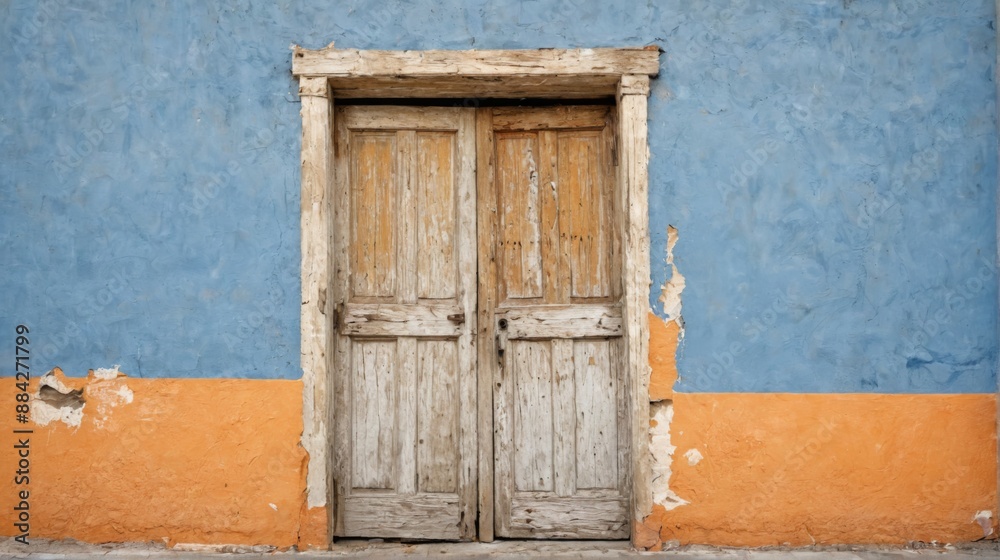 old dilapidated wooden door center blue wall is old dilapidated wooden door center blue wall is