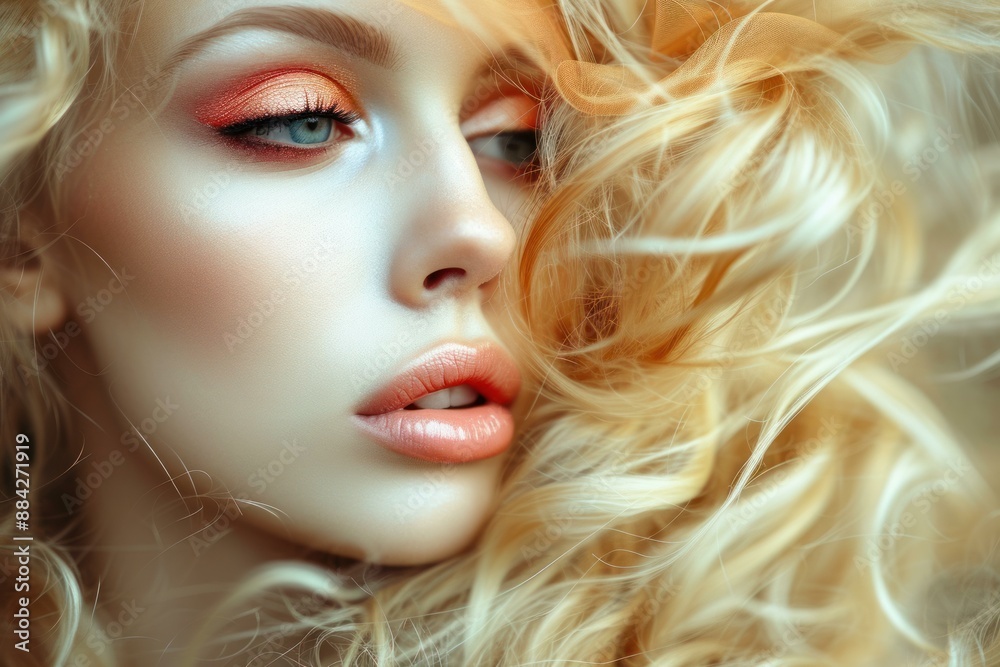 Fototapeta premium Dreamy close-up of a young woman with flowing blonde hair and soft makeup