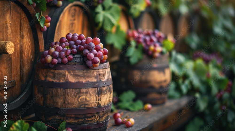 Rustic Wooden Barrels Overflowing with Fresh Grapes, Nestled in a Lush Vineyard Setting, Highlighting the Traditional Wine Making Process and Abundant Harvest Rustic Wooden Barrels Overflowing with Fresh Grapes, Nestled in a Lush Vineyard Setting, Highlighting the Traditional Wine Making Process and Abundant Harvest