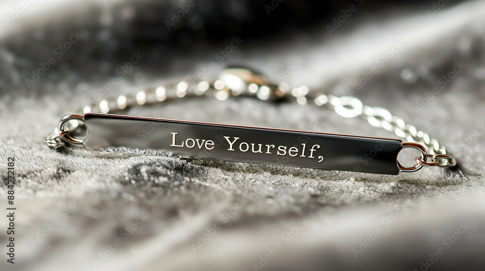 Inspirational Bracelet with “Love Yourself” Engraving - Close-up of a silver bracelet engraved with the words “Love Yourself,” set on a soft, textured background