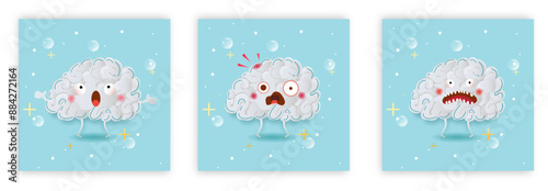 Human brain paper cut style in 3 moods. Paper cut brain on blue background vector for web design on white. Vector illustrator
