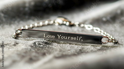 Obraz na płótnie Inspirational Bracelet with “Love Yourself” Engraving - Close-up of a silver bracelet engraved with the words “Love Yourself,” set on a soft, textured background w salonie
