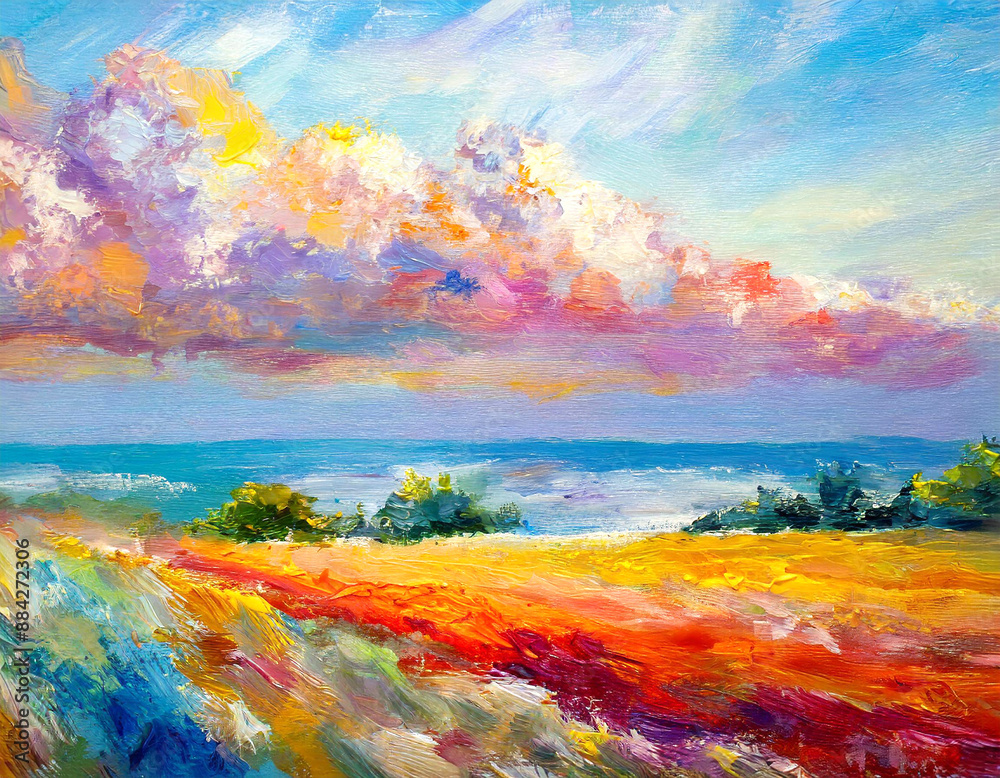 © jobi_pro - Illustration of Oil Painting of a Coastline under Multi-colored Cloudy Sky