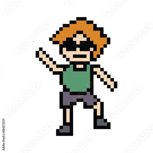 Cute pixel cartoon 8bit character man exercises training dance lifestyle music decoration life style 8 bit male boy dance with music game fitness isolated PNG vector.