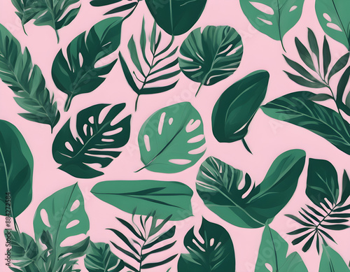 Tropical leaves hand drawn seamless pattern. Botanical trendy design in pink and green colors. 