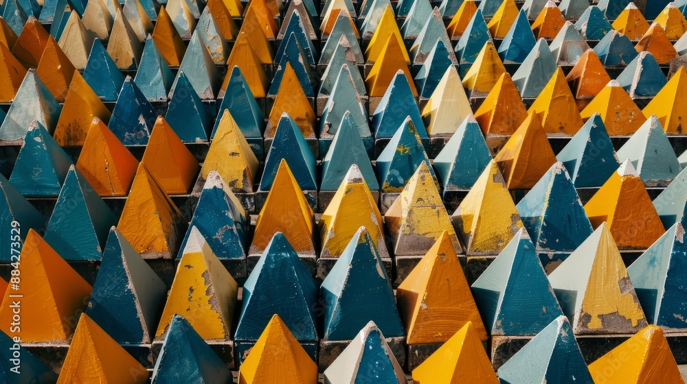 Fototapeta premium Abstract Geometric Pattern of Yellow, Blue and White Painted Triangles.