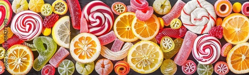 Collection of yupi candy and orange slices photographed from above