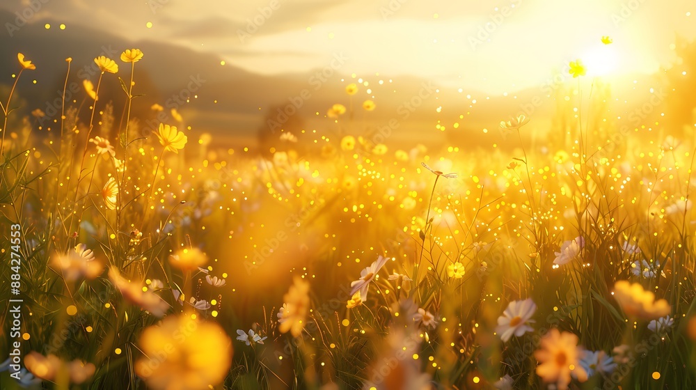 Vibrant wildflower meadow bathed in golden sunlight, offering a cheerful and lively backdrop. Vibrant wildflower meadow bathed in golden sunlight, offering a cheerful and lively backdrop.