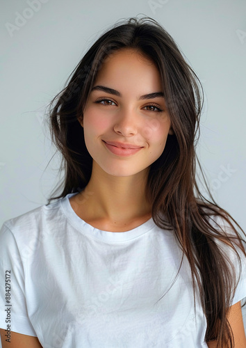 Portrait of a Young Woman in a White T-Shirt with a Natural Smile - High-Quality Professional Photography for Shirt Mockup