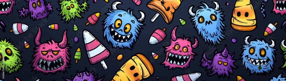 Obraz premium Colorful cartoon monsters and sweets on a dark background.