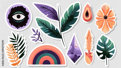 Set of vibrant stickers, adhesive transfers, and patches, each with unique and eye-catching designs, perfect for customization and decoration, flat design illustration photo