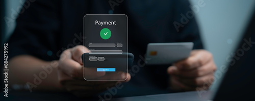 Digital online payment concept. Business people using smartphone and computer laptop, online payment, banking.Online Money Transfer Confirmed.Concept of e-commerce and online banking, payment transfer