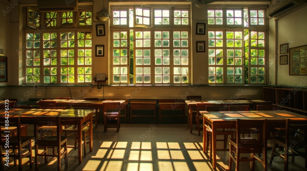 Sunlight streaming through windows in a classroom. Sunlight streaming through windows in a classroom.