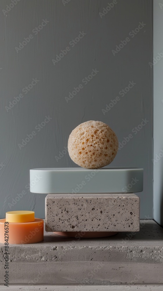 A stack of three different colored blocks with a white and yellow object on top A stack of three different colored blocks with a white and yellow object on top