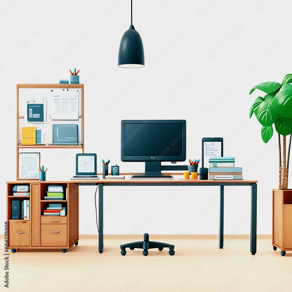 Blank screen of monitor in computer on wooden office desk in stylish business room with white wall and mock up. Light interior of office space with plants and laptop in vintage style. Banner. Blank screen of monitor in computer on wooden office desk in stylish business room with white wall and mock up. Light interior of office space with plants and laptop in vintage style. Banner.