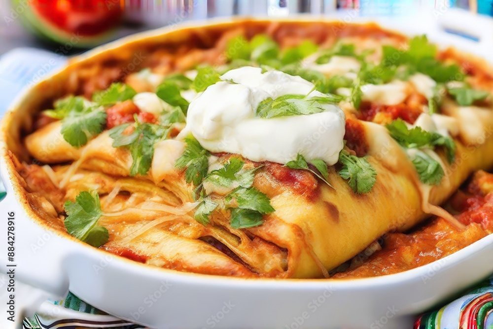 Close-up of mouthwatering enchiladas smothered in rich sauce and melted cheese, garnished with fresh herbs. Close-up of mouthwatering enchiladas smothered in rich sauce and melted cheese, garnished with fresh herbs.