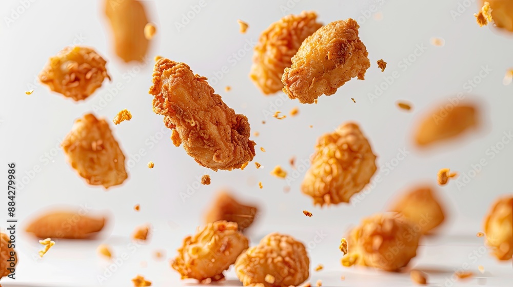 Fried chicken nuggets falling in the air on blank background with copy space. nuggets banner. Fast food Fried chicken nuggets falling in the air on blank background with copy space. nuggets banner. Fast food