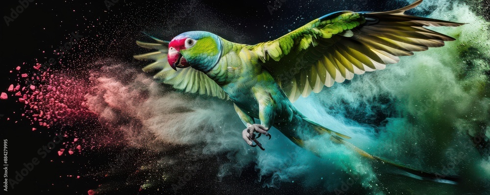 A colorful parrot is flying through a cloud of colorful powder. A colorful parrot is flying through a cloud of colorful powder.