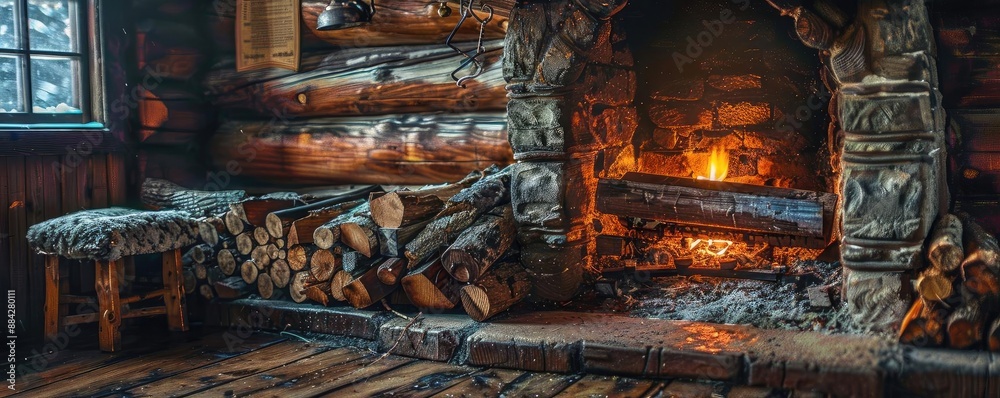 Cozy log cabin interior with a stone fireplace, stacked firewood, and rustic wooden furniture, creating a warm and inviting ambiance. Cozy log cabin interior with a stone fireplace, stacked firewood, and rustic wooden furniture, creating a warm and inviting ambiance.