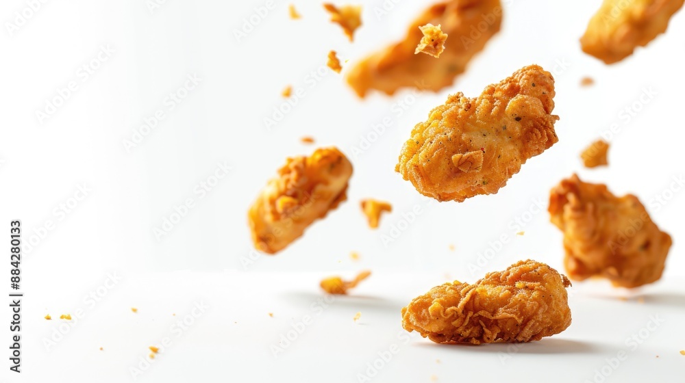 Fried chicken nuggets falling in the air on blank background with copy space. nuggets banner. Fast food Fried chicken nuggets falling in the air on blank background with copy space. nuggets banner. Fast food