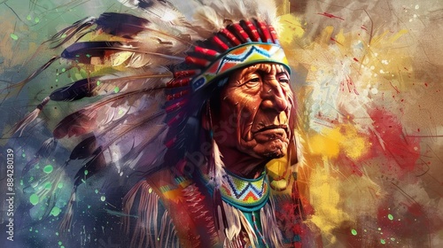 Vibrant artistic portrait of a Native American chief wearing a traditional headdress, blending contemporary and historical elements.