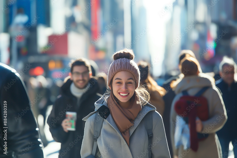 Busy city street with people walking, including a smiling woman in casual clothes Busy city street with people walking, including a smiling woman in casual clothes