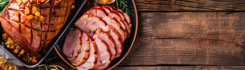 Deliciously glazed holiday ham served on a rustic wooden table. Perfect for festive dinners and special occasions with family and friends. Deliciously glazed holiday ham served on a rustic wooden table. Perfect for festive dinners and special occasions with family and friends.