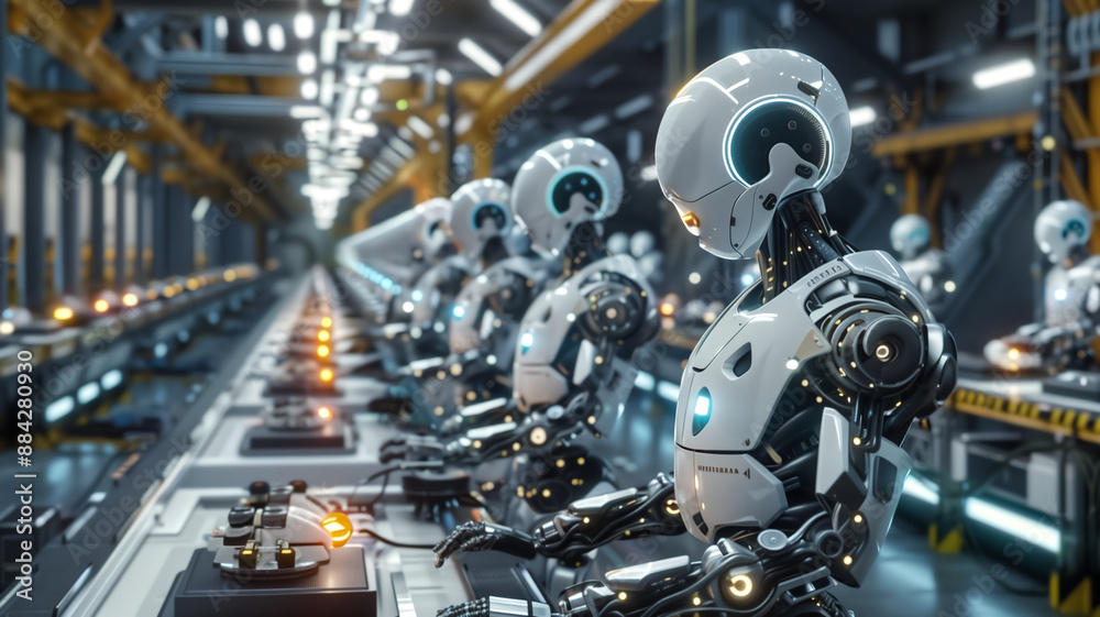AI Robotic Humandroid Factory 3D Concept: Automated Robot Arm As AI Robotic Humandroid Factory 3D Concept: Automated Robot Arm As