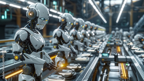 AI Robotic Humandroid Factory 3D Concept: Automated Robot Arm As