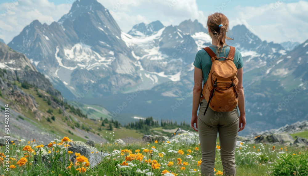 In the background of a flower field, there is a woman with a backpack and mountains In the background of a flower field, there is a woman with a backpack and mountains