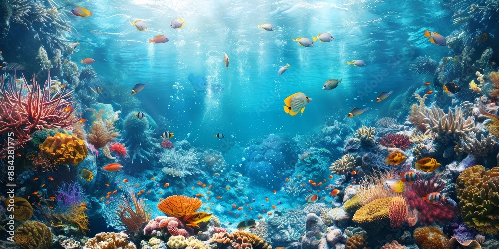 Surreal underwater scene with marine life and coral reefs, perfect for adding depth and intrigue to digital compositions Surreal underwater scene with marine life and coral reefs, perfect for adding depth and intrigue to digital compositions