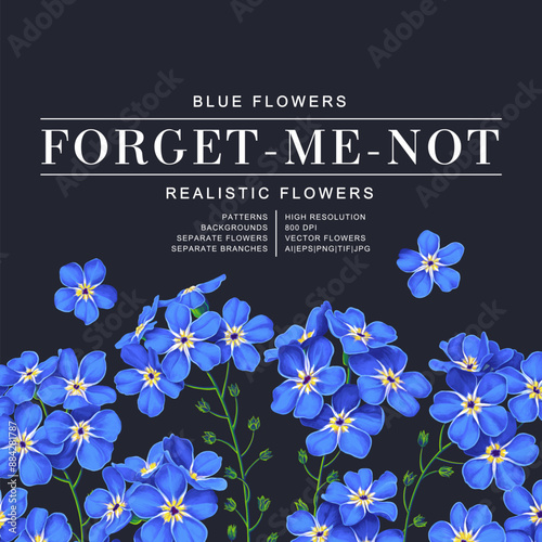 Square template with botanical design for greeting cards, wedding invitations, parties. Text space can be used to design cosmetic products, advertising in social networks. Blue forget-me-not flowers