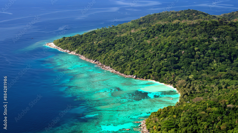 Aerial view of tropical island with lush green forest and turquoise waters, ideal for nature and travel themes, showcasing stunning coastline and marine beauty