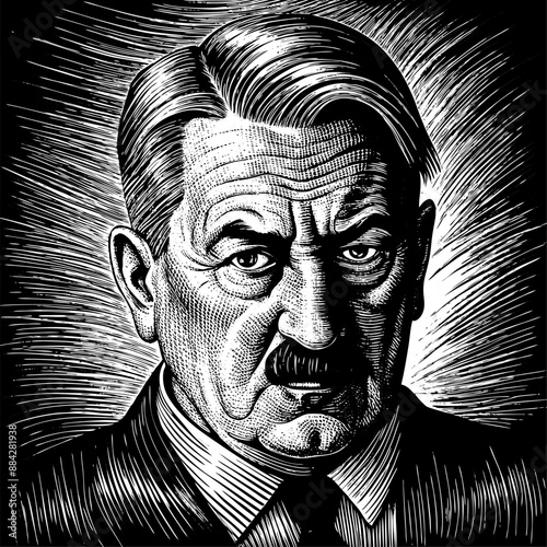 Black and white drawing of a man with a mustache in a suit and tie