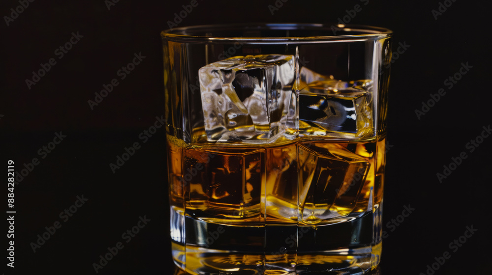 Close-up of a Glass of Whiskey with Ice Cubes on a Dark Background Close-up of a Glass of Whiskey with Ice Cubes on a Dark Background