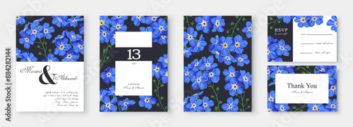 Set of postcards, invitations, save the date, RSVP with botanical design of blue forget-me-nots. Fragile flowers in frame templates with place for text. Drawn entirely by hand, identical real flowers