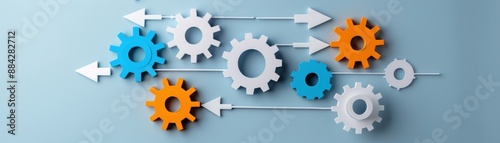 Flowchart with gears and arrows, processing, systematic approach and problem-solving