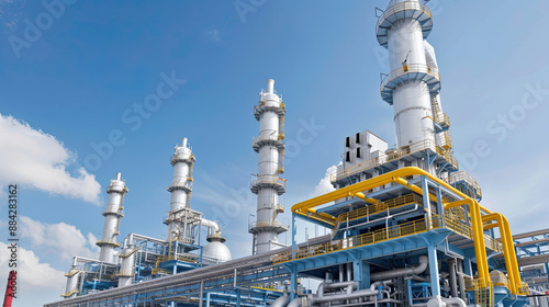 Oil refinery. Fractionating towers and pipelines of an oil refinery
