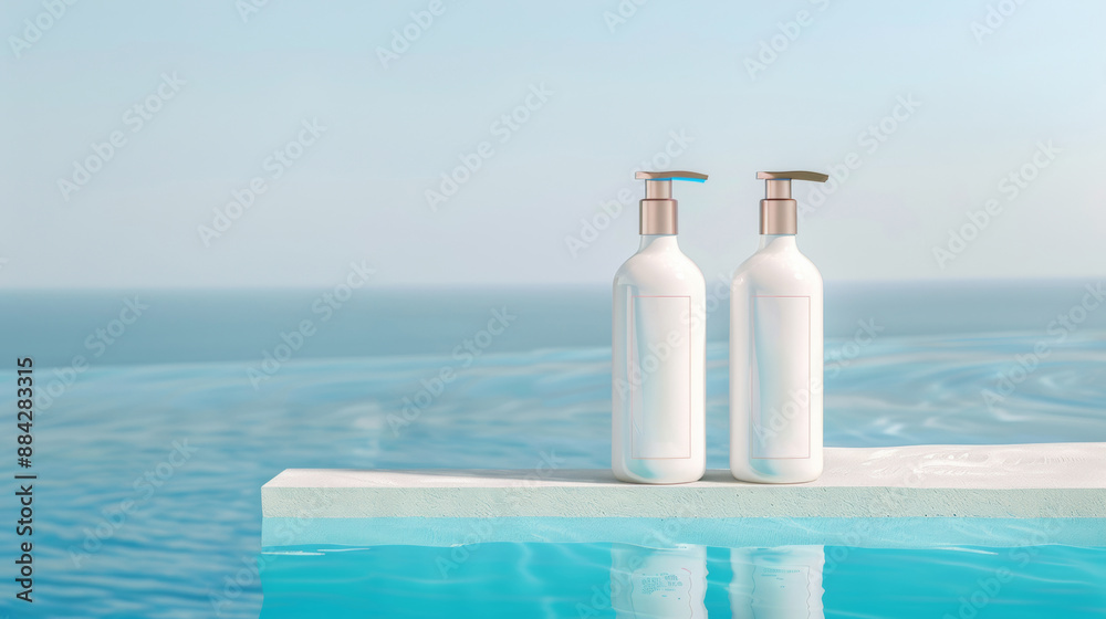 product photo of one white bottle, standing upright on an empty poolside background. set against a clear summer sea backdrop product photo of one white bottle, standing upright on an empty poolside background. set against a clear summer sea backdrop