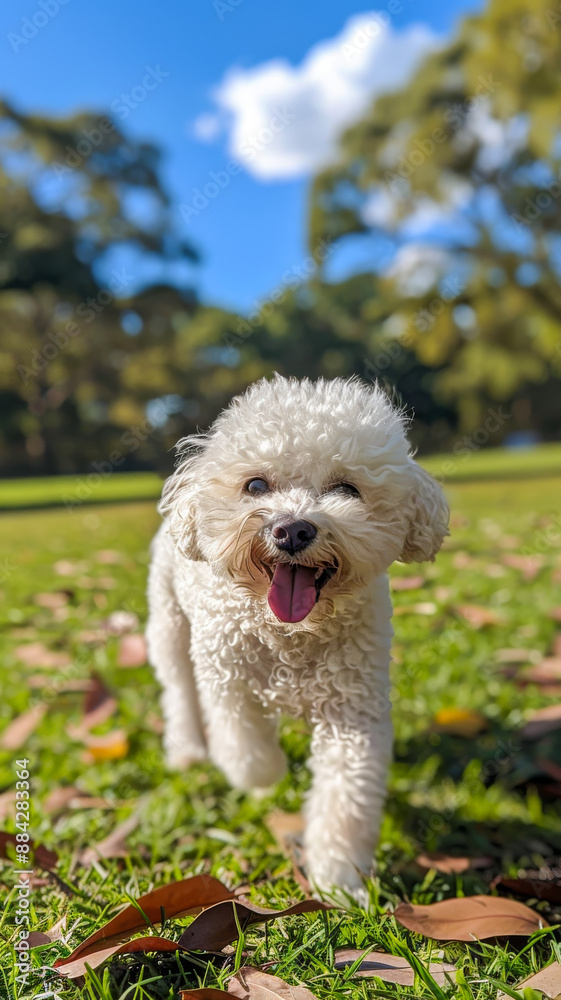 Bichon Frise. Generated image. A digital rendering of a happy bichon frise dog smiling and walking in a park towards a camera. Bichon Frise. Generated image. A digital rendering of a happy bichon frise dog smiling and walking in a park towards a camera.