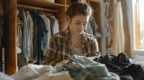 Wallpaper Mural Young Woman Organizing Clothes in Bedroom Wardrobe, Sunlight Streaming Through Window, Casual Clothing and Cozy Environment Torontodigital.ca