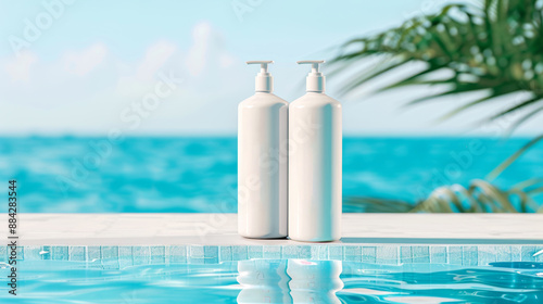product photo of one white bottle, standing upright on an empty poolside background. set against a clear summer sea backdrop
