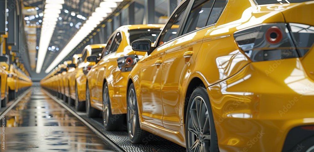Rows of yellow cars inside a factory with white lights on top Rows of yellow cars inside a factory with white lights on top