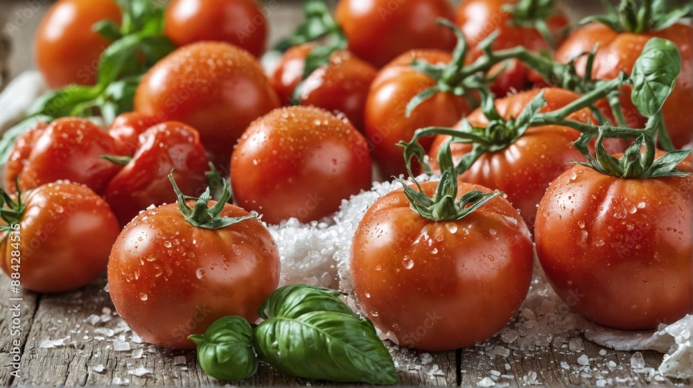 group fresh tomatoes basil leaves wooden table There group fresh tomatoes basil leaves wooden table There