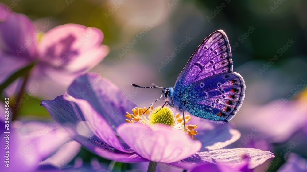 Macro close-up of a purple blue butterfly on an anemone flower in spring forest. Macro close-up of a purple blue butterfly on an anemone flower in spring forest.