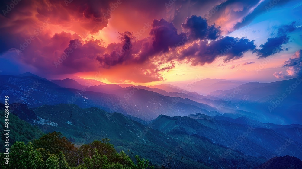 Obraz premium Majestic mountain landscape with a vibrant sunset, HDR image highlighting the dramatic sky.
