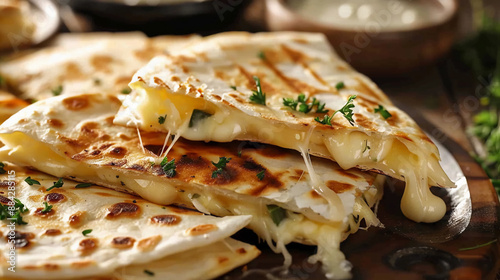 Quesadilla , a stack of tortillas with cheese and meat in the middle